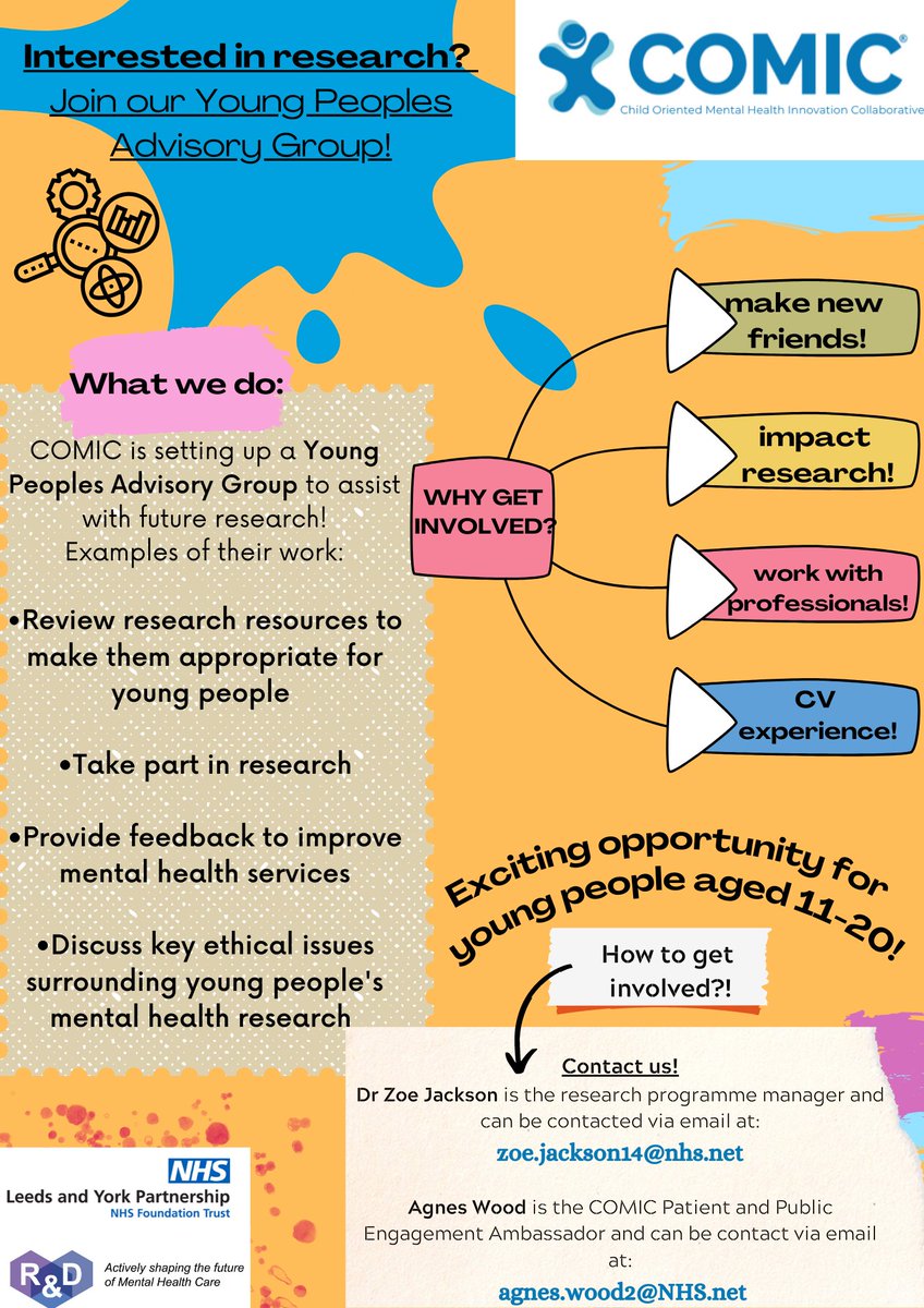 Interested in research? Join our Young Peoples Advisory Group! 
We are seeking out young people to help improve research looking at young peoples mental health. 
Get in touch to get involved!

#YoungPeoplesAdvisoryGroup #Research #MentalHealth #ResearchExperience #COMIC #NHS