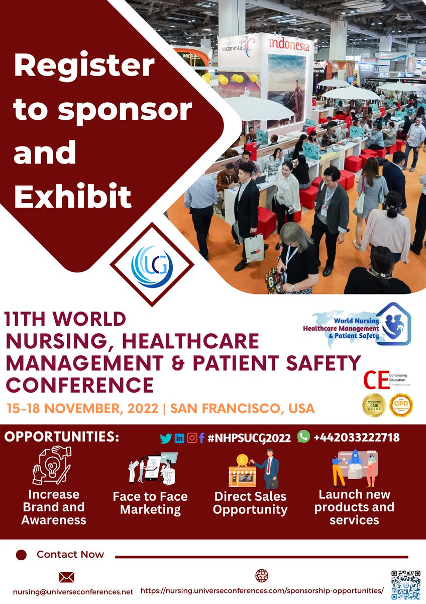 NursingUCG's tweet image. #Callforsponsor #exhibitor The 11th World Nursing, Healthcare Management, and Patient Safety Conference, which will be held November 15–18, 2022 in San Francisco
Register here: nursing.universeconferences.com/sponsorship-op…
#Exhibit #Sponsor #Nursing #diagnostic #medical #healthcare #covid #health #BSN