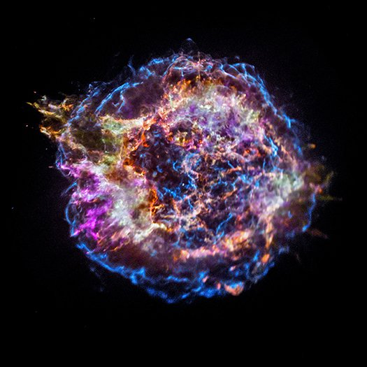 EricLagadec's tweet photo. Avez-vous déjà vu une supernova injectant du Silicium (rouge), du Soufre (jaune), du Calcium (vert),  du Fer (violet) et des rayons très énergétiques (en bleu sur l'image) dans le milieu interstellaire? Maintenant oui! Le tout provient d'une étoile à ~11000 années-lumière de nous https://t.co/zbOkNYpcnD