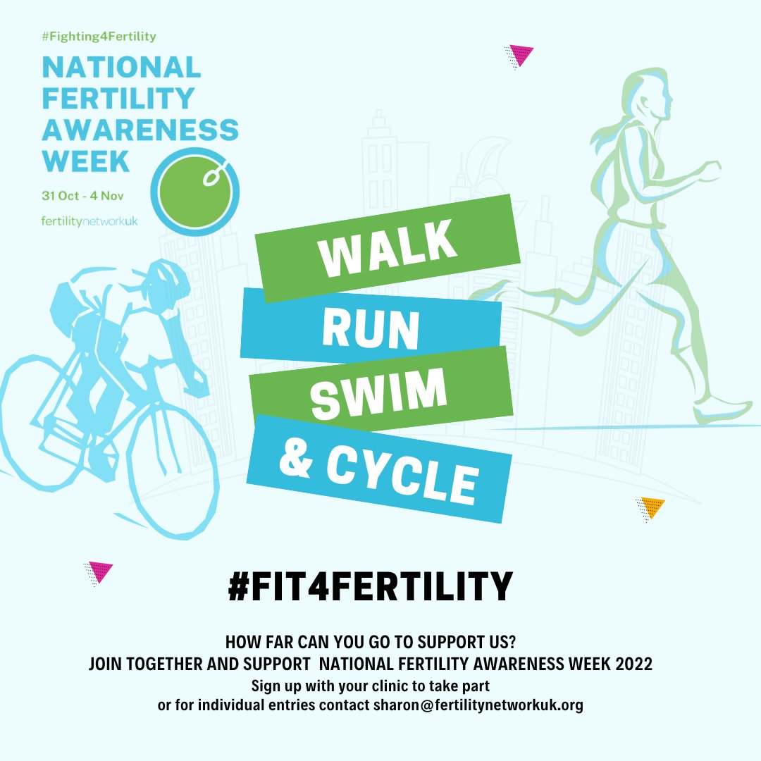Fertility Network (@fertilitynuk) on Twitter photo Can you get #Fit4Fertility in Oct 2022 & fundraise for us? Choose your sport: walk, run, cycle or swim & commit to the distance 1K or 5K & the frequency that suits you, daily or weekly.
Sign up with your clinic to take part or for individual entries sharon@fertilitynetworkuk.org Can you get #Fit4Fertility in Oct 2022 & fundraise for us? Choose your sport: walk, run, cycle or swim & commit to the distance 1K or 5K & the frequency that suits you, daily or weekly.
Sign up with your clinic to take part or for individual entries sharon@fertilitynetworkuk.org