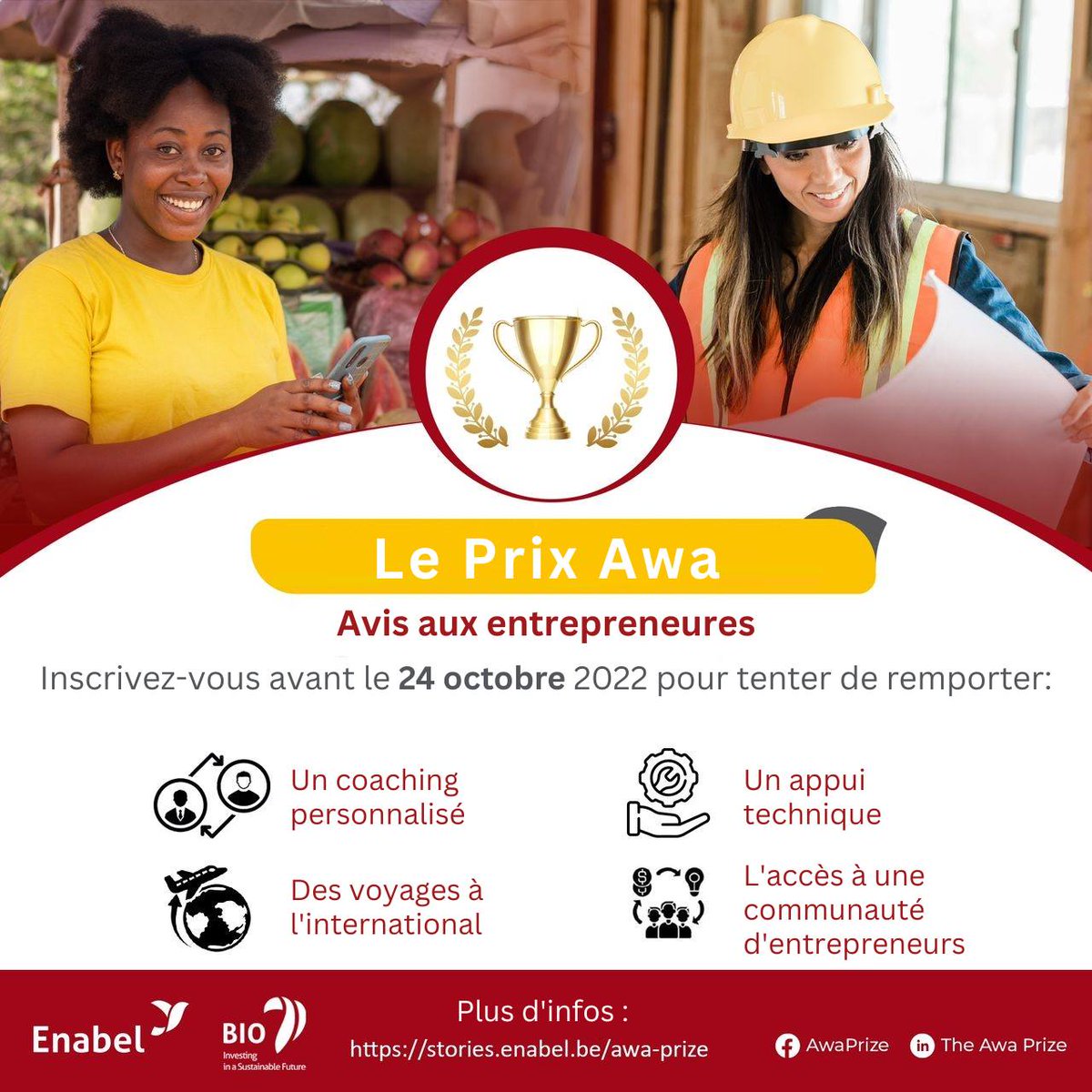 AgribusinessTV's tweet photo. Le Prix Awa est une compétition organisée par Enabel, qui met en lumière les femmes entrepreneures, leurs entreprises et leurs projets.🗓️ Date limite de candidature : 24 octobre 2022.

En savoir plus ➡️ https://t.co/Sdr6XnUFZ3 

#AgribusinessTV #Opportunité #PrixAwa https://t.co/4BznzP6tND