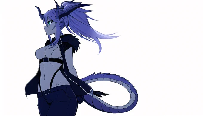 色々試した結果、背景無し、キーワード「dragon girl, 」を付け加えると一枚目の絵と近い存在が出来上がる。尾も高確率で尾になる。悔しいが…やればできるじゃないかAI君…(上から目線) 