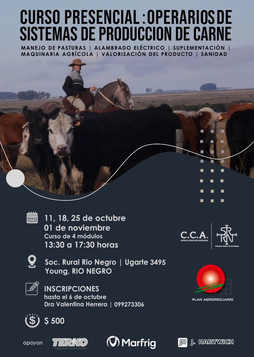 ¡#HOY cierran las inscripciones!
Curso "Operarios de sistemas de producción de carne".
🗓️11,18y25/10 <a href="/RuralRioNegro/">Sociedad Rural de Río Negro</a>📍Young,Río Negro 

Prenscripciones👉bit.ly/3LkmrMu

#Capacitación <a href="/cca_uy/">Centro de Capacitación Agropecuaria</a> <a href="/RuralRioNegro/">Sociedad Rural de Río Negro</a>  #PlanAgropecuario <a href="/terkouruguay/">Terko</a> <a href="/marfrig_uy/">MBRF Uruguay</a> <a href="/JulioHartwich/">J.Hartwich</a>