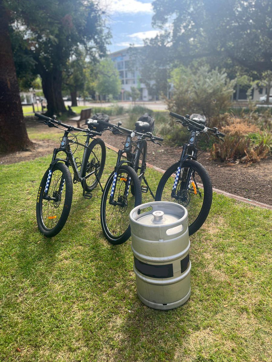 PerthPol's tweet photo. Perth Police Station bike officers had a beery successful morning recovering a stolen 50 litre keg during patrols of a local park. #perthpol #fb https://t.co/AW8YQYX7TR