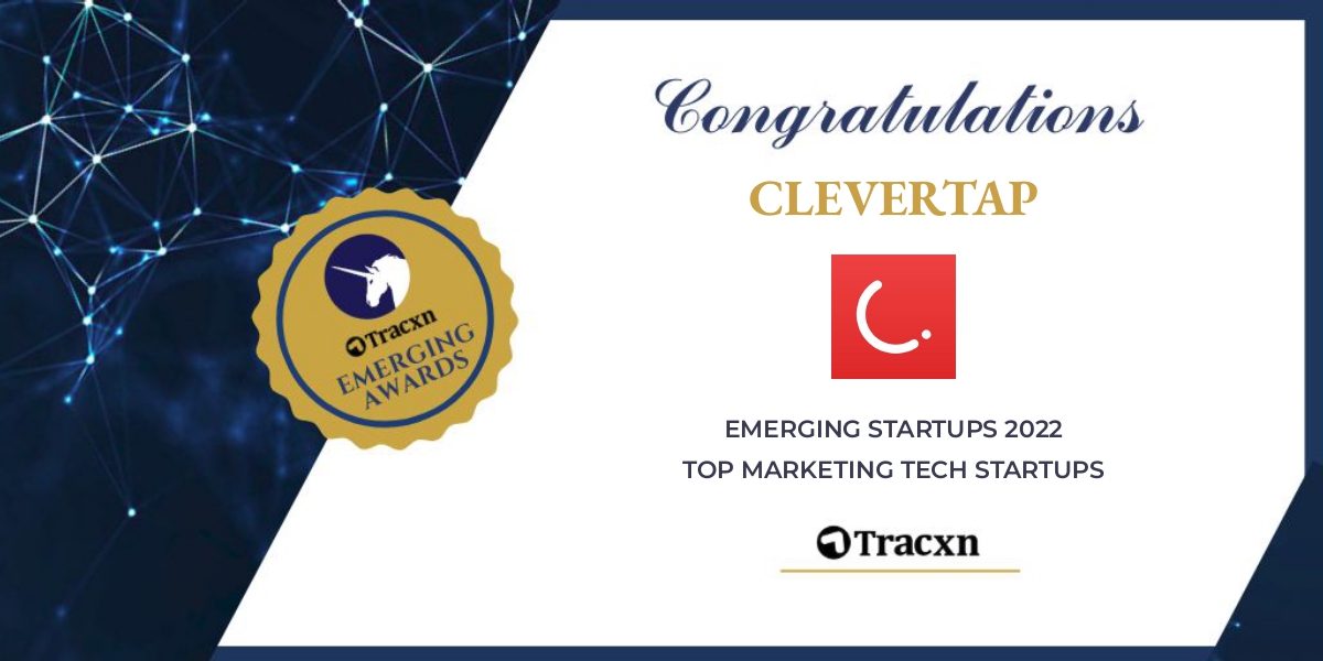 CleverTap's tweet photo. We are excited and grateful to receive @Tracxn's Emerging Startups of MarketingTech award! A big thank you to our customers and CTzens for making it possible! Click here to know more: https://t.co/tT52wjD2ie 

#EmergingStartups #TechAwards #MarTech #CleverTap #SaaS #SaaScompany https://t.co/B0KZ2QGNyt