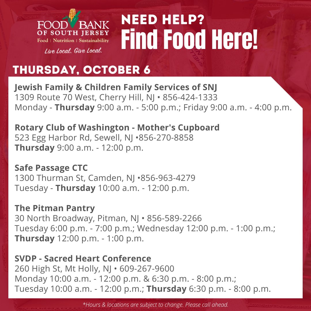 Need food assistance? Here are a few distributions taking place 𝗧𝗢𝗗𝗔𝗬, Thursday, October 6. Find more locations & dates at foodbanksj.org/food. Hours & locations are subject to change. 𝗣𝗹𝗲𝗮𝘀𝗲 𝗰𝗮𝗹𝗹 𝗮𝗵𝗲𝗮𝗱. #bettertogether #food #feedSJ #findfood