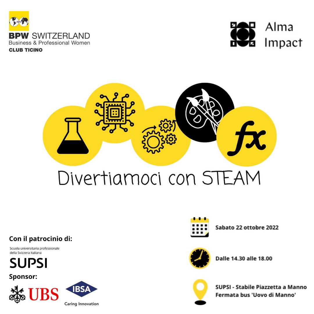 22 ottobre 2022: “Divertiamoci con STEAM” - l’evento dedicato alle studentesse delle scuole medie del luganese in collaborazione con <a href="/supsi_ch/">SUPSI</a> e Alma Impact. 

#STEAM #SUPSI #ticino #lugano