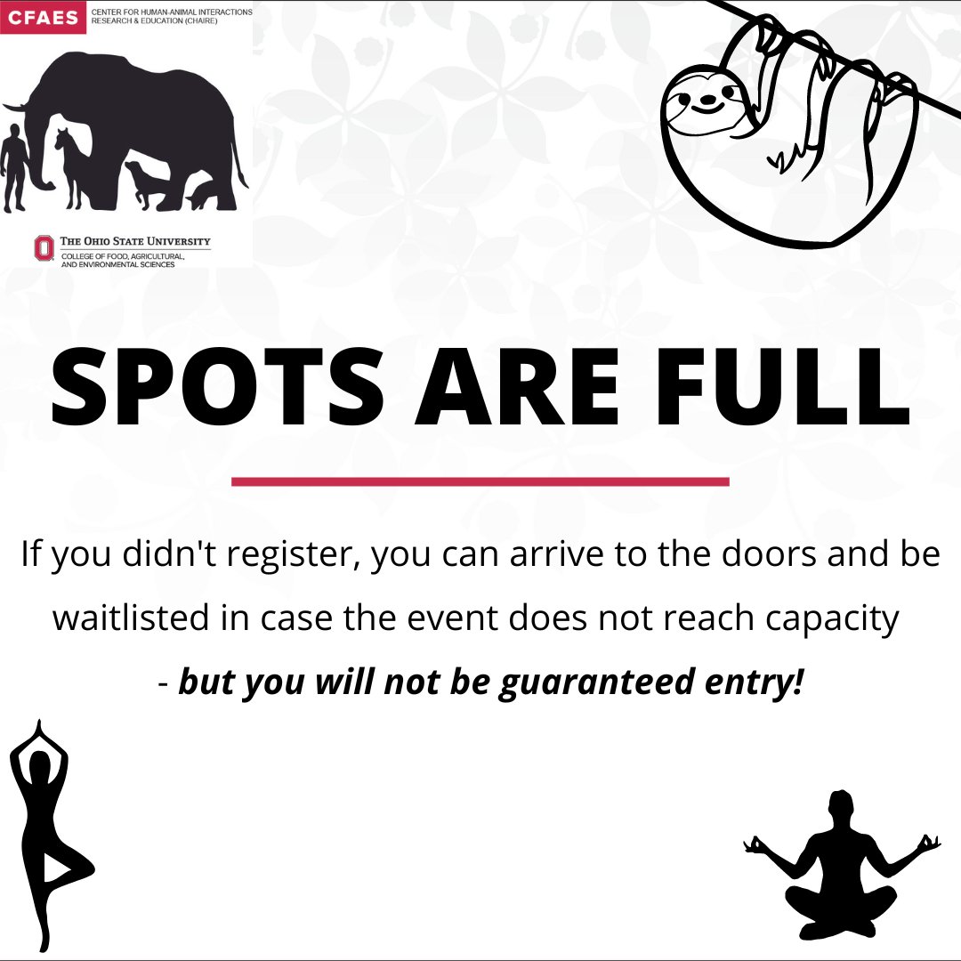 OSUCHAIRE's tweet photo. Spots are now full for today's Sloth Yoga! If you didn't get a chance to register, you can arrive and be waitlisted to enter if we do not reach capacity - but you will not be guaranteed entry!

Thank you so much for all your interest in today's event!! https://t.co/CcPdfjIdg4