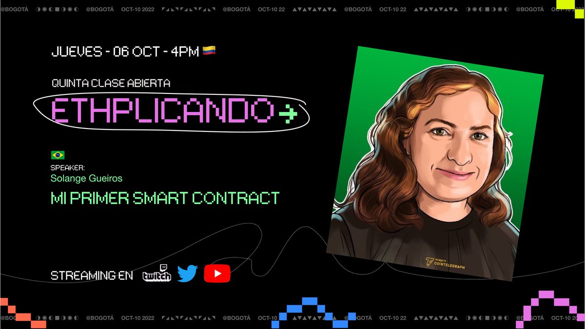 ethlatam's tweet photo. Gm fam 🫡

Hoy hay nueva clase abierta de #ETHplicando con ETHLatam 🥳 

👉 Mi primer smart contract 🤩
🗣️ @solangegueiros 
⏰ Jueves 6 de octubre, 4 p.m 🇨🇴 

🎥 Streaming en vivo por nuestras redes oficiales. 

Psss…tenemos una sorpresa preparada junto a @Daivinity 👀 https://t.co/dEV5ygnE73