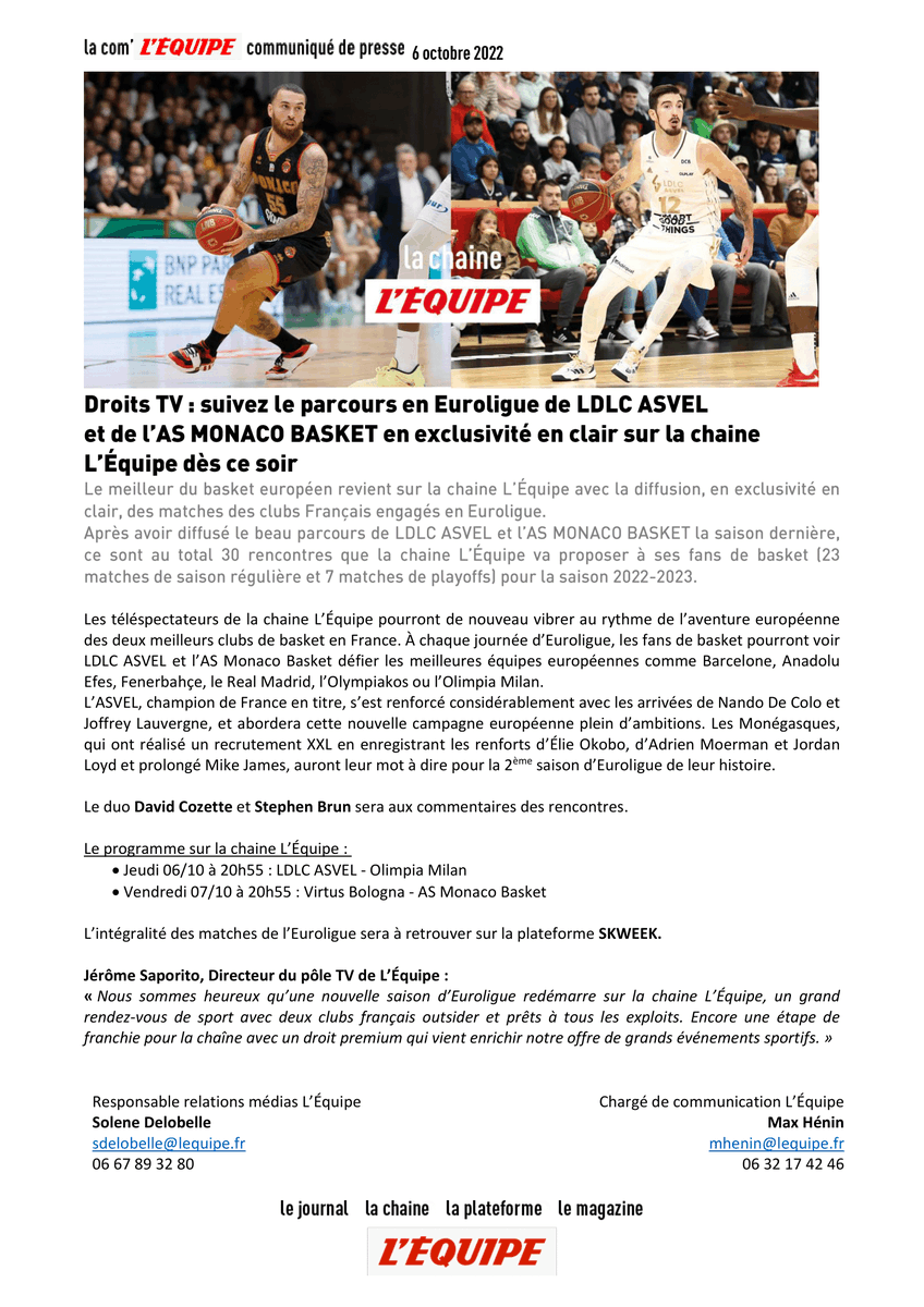 lequipe_pro's tweet photo. 🚨Droits TV : le parcours en Euroligue de @LDLCASVEL et de @ASMonaco_Basket est à suivre en exclusivité en clair sur @lachainelequipe
 
📺ce soir à 20h55 : @LDLCASVE vs @OlimpiaMI1936 
📺Vendredi à 20h55 : @Virtusbo vs @ASMonaco_Basket 
 
🏀le communiqué de presse 👇 https://t.co/FsGgpn0FdP