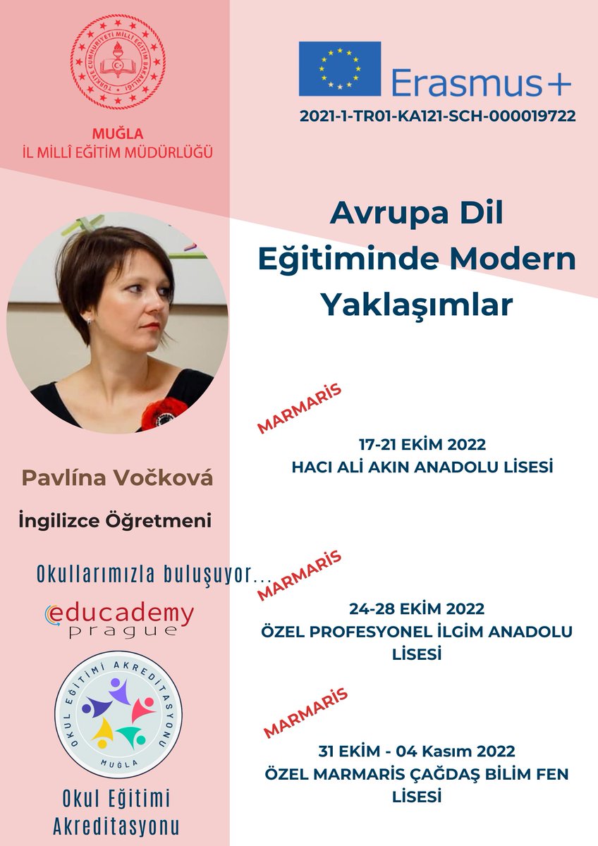 Okul Eğitimi Akreditasyonu Öğretmen Ev Sahipliği Programı ile Çekya'dan Yabancı Dil Eğitmeni Pavlína VOČKOVÁ ilimizde 3 okulda 3 hafta İngilizce eğitimi verecektir. 
👉Avrupa Dil Eğitiminde Modern Yaklaşımlar
<a href="/mugla_mem/">Muğla İl Millî Eğitim Müdürlüğü</a> <a href="/ulusalajans/">Türkiye Ulusal Ajansı 🇹🇷 Turkish NA</a> <a href="/emrecay55/">Emre ÇAY</a>