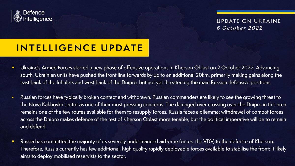 Latest Defence Intelligence update on the situation in Ukraine - 06 October 2022 Find out more about the UK government's response: ow.ly/fEzM1045Mcq 🇺🇦 #StandWithUkraine 🇺🇦