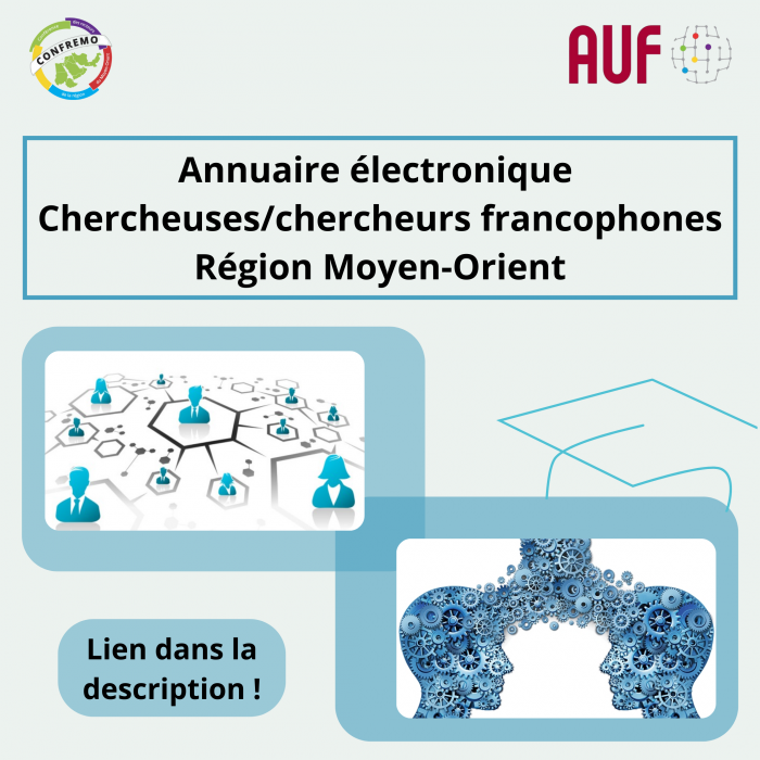 AUF_MoyenO's tweet photo. La #CONFREMO (Conférence des Recteurs de la région du Moyen-Orient) et la Direction Régionale Moyen-Orient de l’#AUF mettent en place conjointement un #Annuaire électronique des chercheuses/chercheurs francophones.
https://t.co/hcEjw5nG8T https://t.co/VGYTwuPpG9