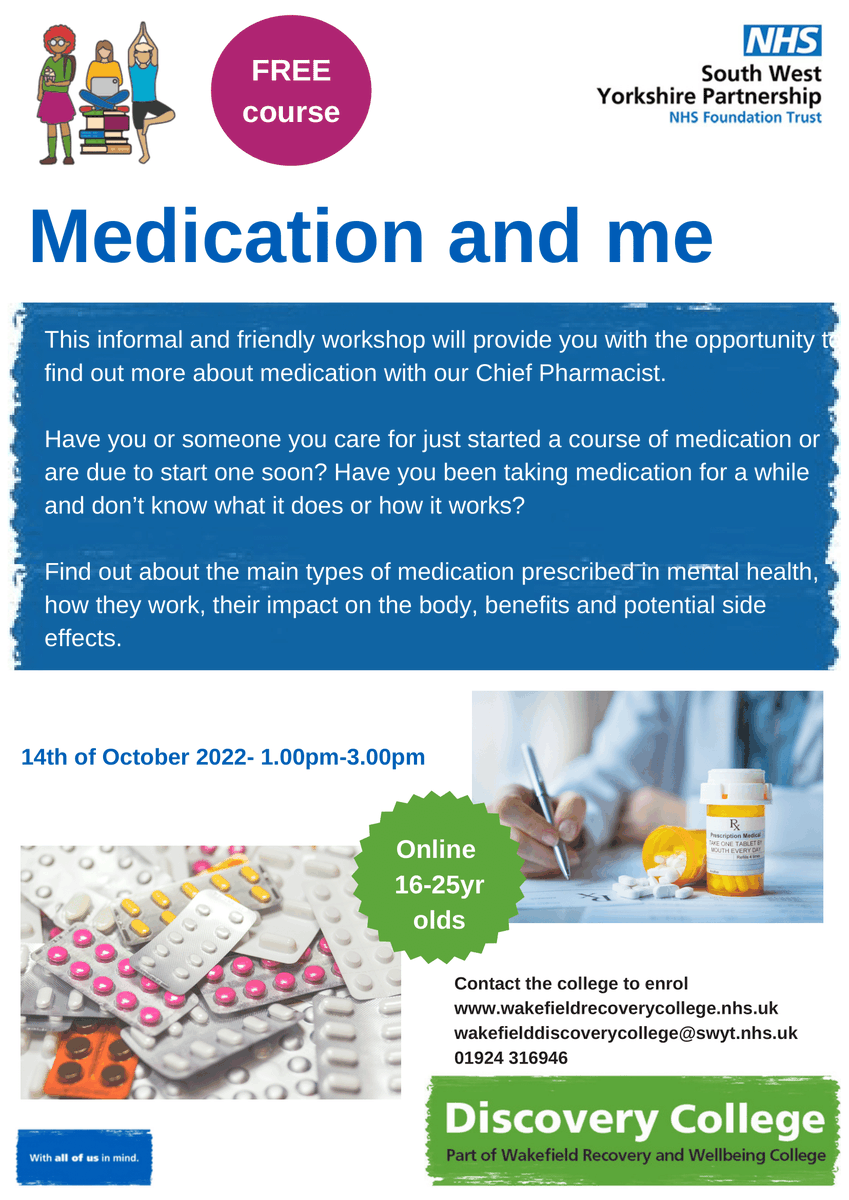 CnxsWakefield's tweet image. 📘 Free Medication Training Course
For 16-25 year olds, useful as an introduction for a career in pharmaceuticals or general knowledge on medication you or a loved one may be prescribed.

✉️ wakefielddiscoverycollege@swyt.nhs.uk

#WakefieldYoungPeople #YouthTraining #NHSCourse