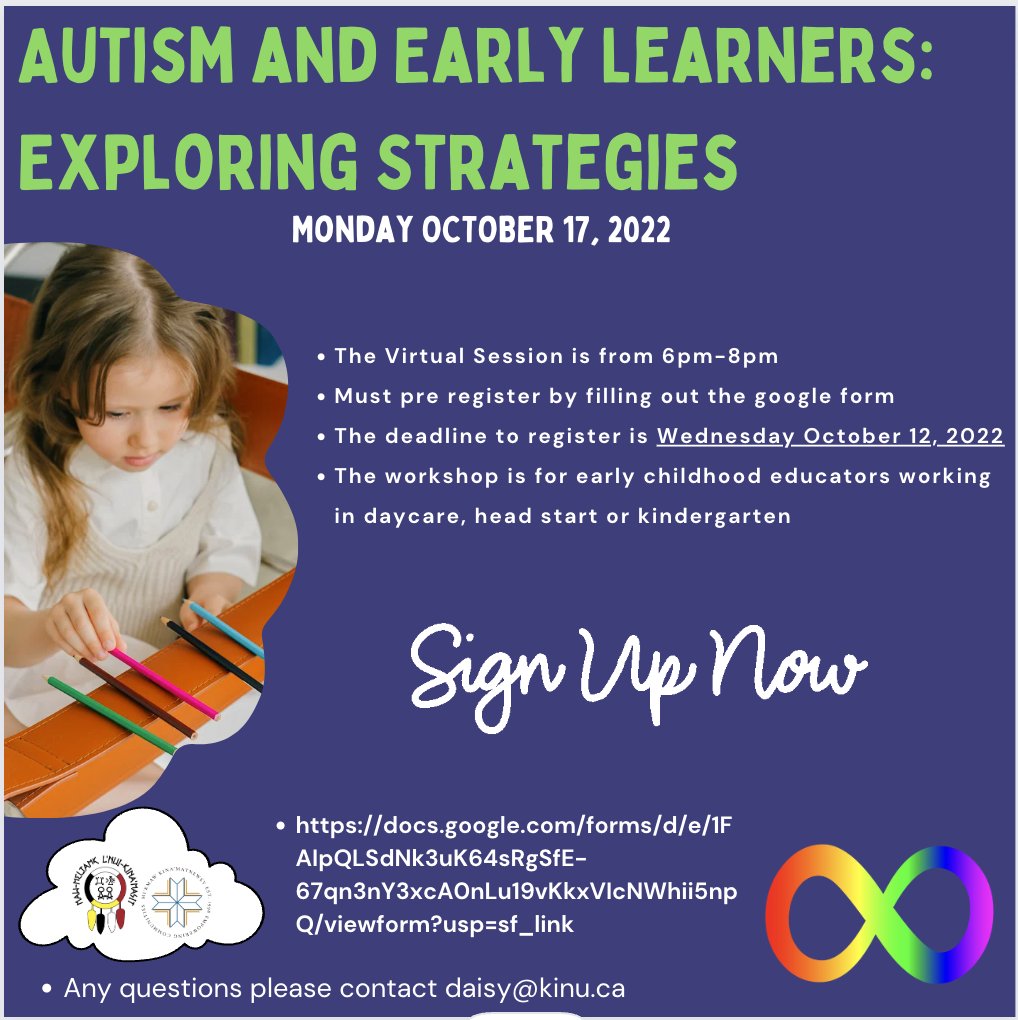 Virtual Professional Development session on Autism & Early Learners: Exploring Strategies. Please complete the google form to register by Wednesday October 12th, 2022. If you have any questions please contact daisy@kinu.ca docs.google.com/forms/d/e/1FAI…