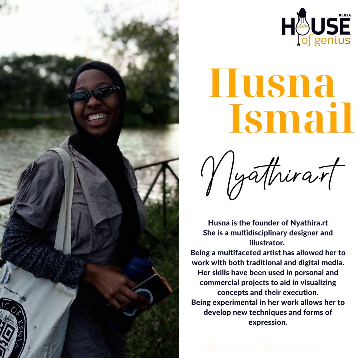geniuskenya_'s tweet photo. 1/2
Husna Ismail.
Husna is one of our presenters at our inaugural session for House of Genius Kenya.
She is a the Founder of Nyathira.rt, a design studio based in Nairobi Kenya.
@_nyathira_
#geniuskenya #houseofgenius https://t.co/r7wftQRcRq