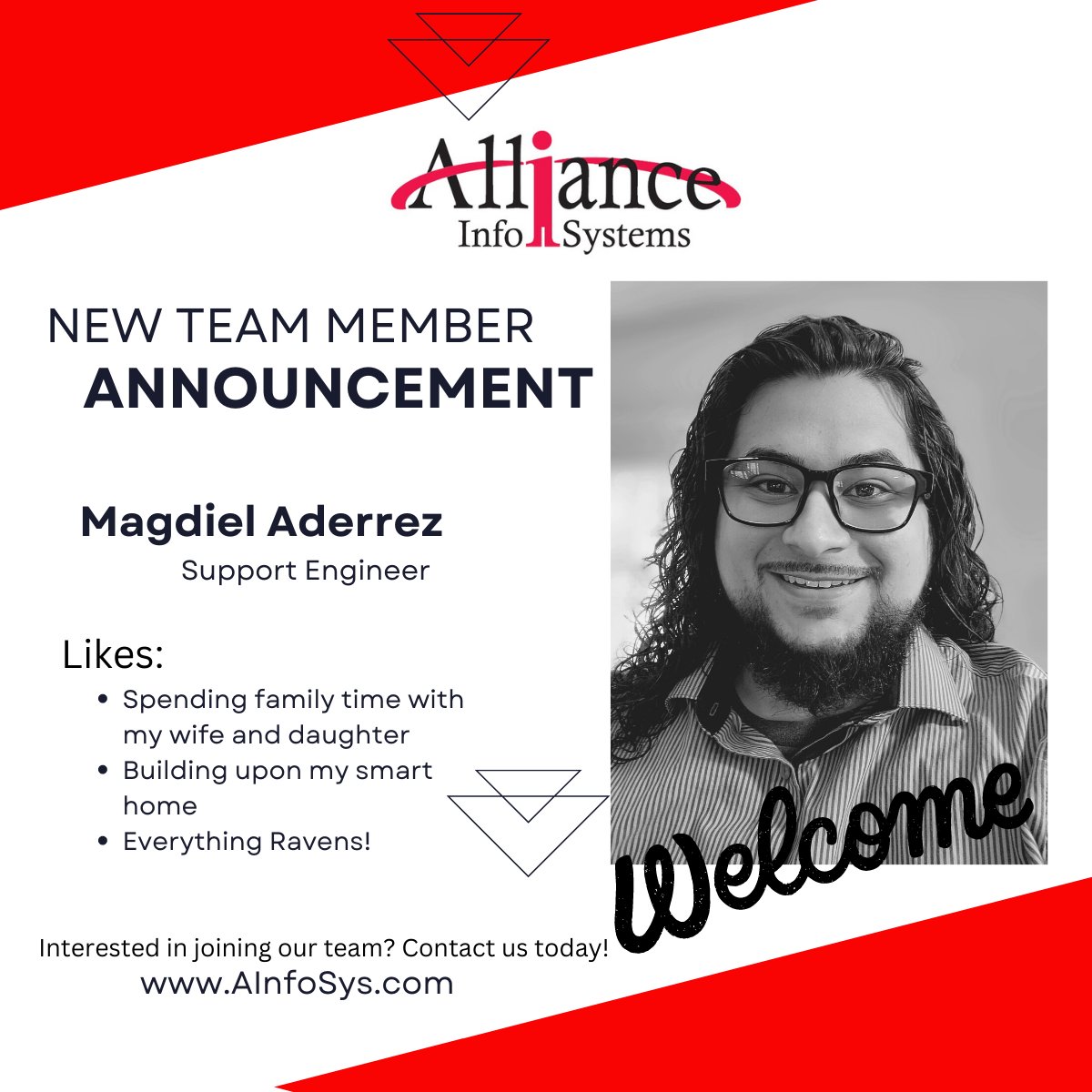AllianceInfoSys's tweet image. We are pleased to announce that a new member is joining the Services team. Magdiel is joining as a Support Engineer! Everyone take some time to introduce yourselves to him if you see him around the office!! #NewHire #Welcome #Maryland