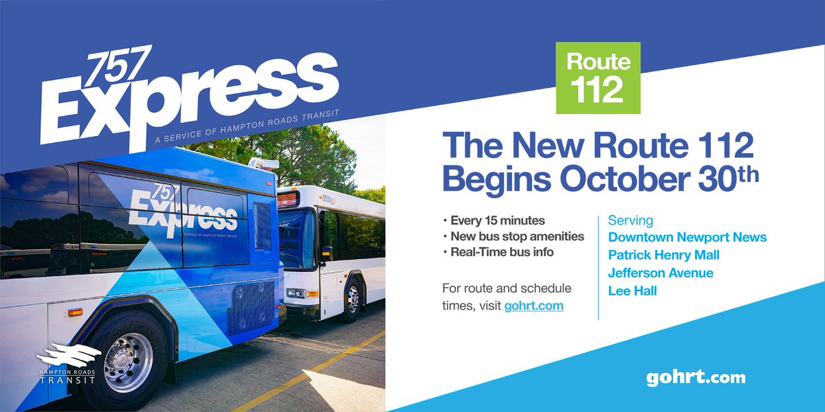 gohrt_com's tweet photo. Hampton Roads Transit is expanding its express service. Beginning Oct 30th, Route 112 in Newport News will have 15-minute service frequency during the morning and evening rush hours. For more information head to https://t.co/SiiiU0q4bn. #gohrt #757Express https://t.co/5uiFgt29ez