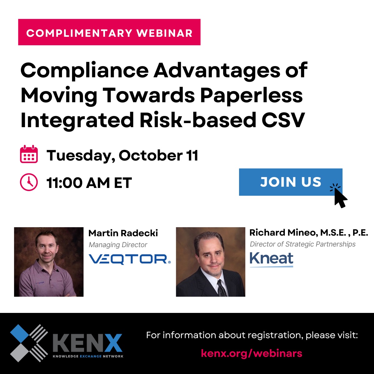 KneatSoftware's tweet photo. Rick Mineo, Director of Strategic Partnerships, Kneat, &amp; Martin Radecki, Sr. Partner &amp; Managing Director, @infoveqtor discuss the compliance advantages of using paperless #validation with integrated risk-based #CSV processes.

👉RSVP now: https://t.co/URUbCs8ruu
#KENX #webinar https://t.co/xDuP5cEHNZ