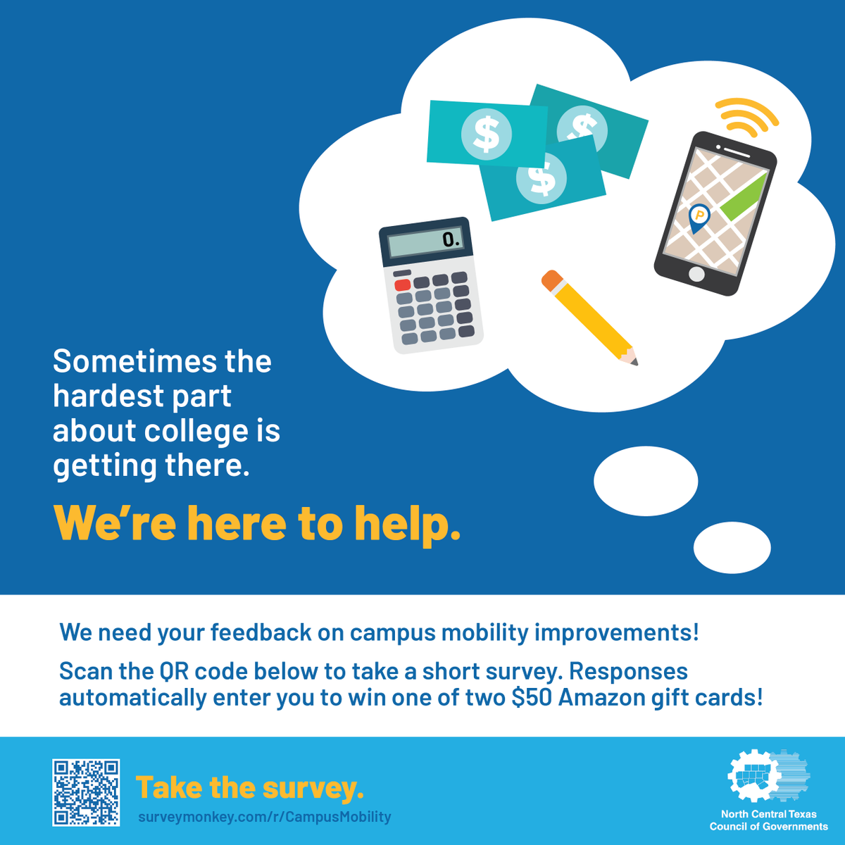 NCTCOGtrans's tweet photo. We need your help in rethinking mobility on college and university campuses around the region. Scan the QR code or click the link below and take a short 5 minute survey. All respondents will be entered into a drawing to win a $50 Amazon gift card!

Survey: https://t.co/ULGoeX4YIv https://t.co/Z8P3YwEsRI