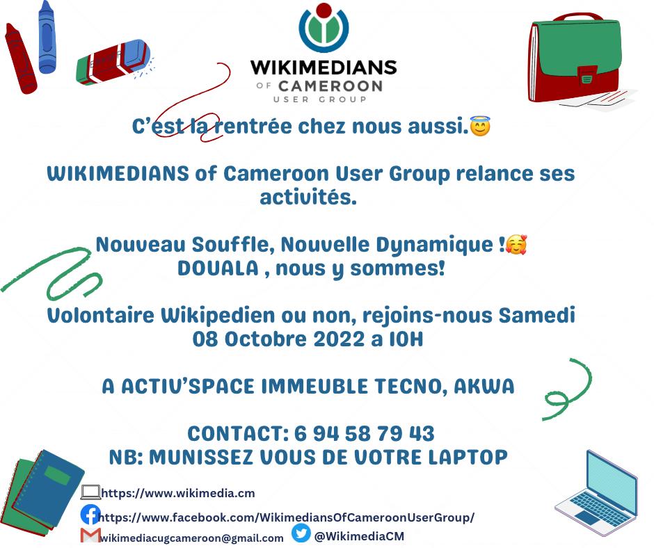 WikimediaCM's tweet photo. Cher.e.s twittos! Futures wikimédiens🙃
Après Yaoundé samedi dernier, la communauté Wiki du Cameroun se déploie dans 3 autres villes ce samedi.
Round 1 à Douala @ActivSpaces dès 10h. Au menu, création d'articles sur nos quartiers via Wikipedia
#Wikikwatt 🎈 https://t.co/CR3qIqMUex
