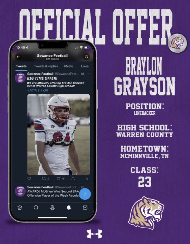 I am very blessed to receive my first offer from University of the South. Thank you @RodgersSewanee for the offer. <a href="/GraysonIsaiah33/">Isaiah Grayson</a> @wcpioneerfb <a href="/OnTopAthletics/">OnTopAthletics Inc📚🏈⚾️</a> <a href="/The_WCSA/">Warren County Sports Authority</a> <a href="/Agency_TPA/">Omar</a> <a href="/SewaneeFootball/">Sewanee Football</a> <a href="/prestonsmith04/">Preston Smith</a>