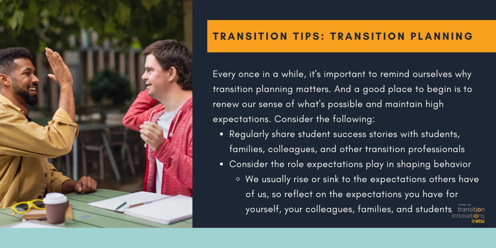 This week's #TransitionTip is a zooming out practice. 🦉

Every once in a while, it's important to remind ourselves why transition planning matters. And a good place to begin is to renew our sense of what's possible and maintain high expectations. Consider these suggestions.
