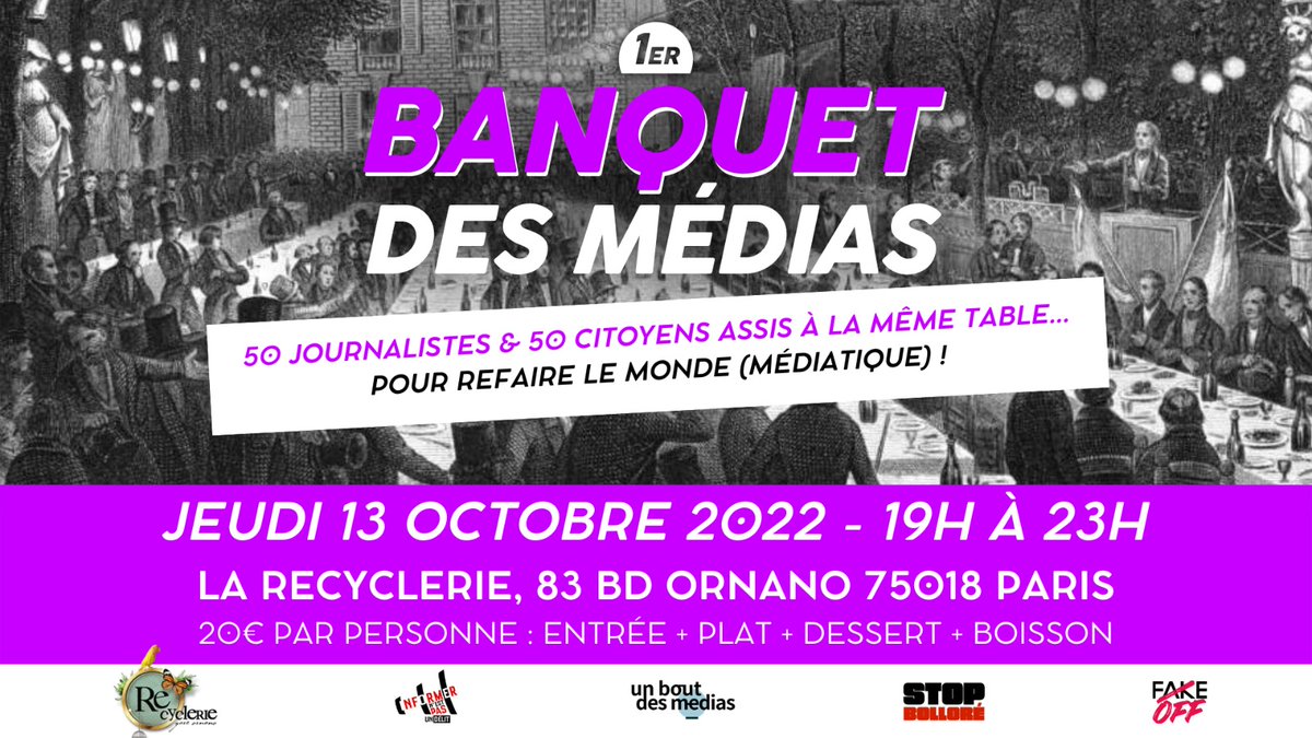 Jeudi 13 octobre 2022 : le banquet des médias à Paris ! 50 journalistes & 50 citoyens à la même table pour parler média, indépendance, démocratie... bref des sujets qui tiennent à cœur à @unboutdesmedias. Un évènement organisé avec @LaRe_cyclerie @Collectif_INPD @StopBollore 👇