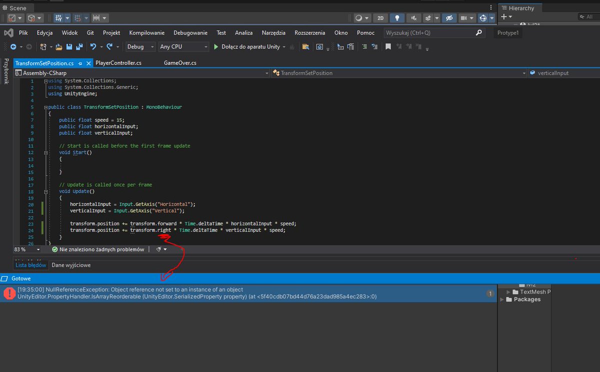 NewbieProgramm1's tweet photo. I experimented with different ways to move an object and ran into a problem. Why do I get a NullReferenceException in this case and after I click on error I got....

#unity #gamdev #unity3d #game https://t.co/Eq9DlpKbX8