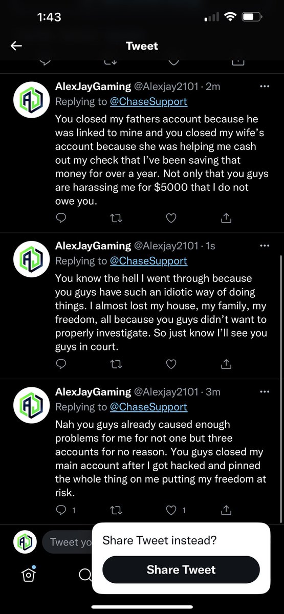 Alexjay2101's tweet photo. Don’t try to sweet talk your way out @chase you made my life miserable for the last 2 years. I know that there’s also more innocent people who’s lives and credit got fucked because you guys are fucking lazy. Your branches are lazy and so are your customer service reps. https://t.co/eKLgopWDkQ