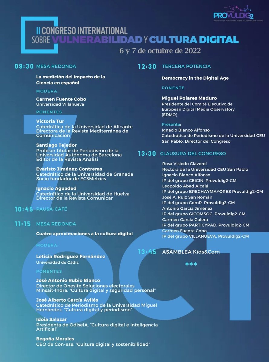 provuldigital's tweet photo. Finalizamos por hoy la primera jornada del Congreso #Provuldig2. ¡Os esperamos mañana a partir de las 9.30h! Programa del viernes 7 de octubre: https://t.co/SeiEgpGHx5