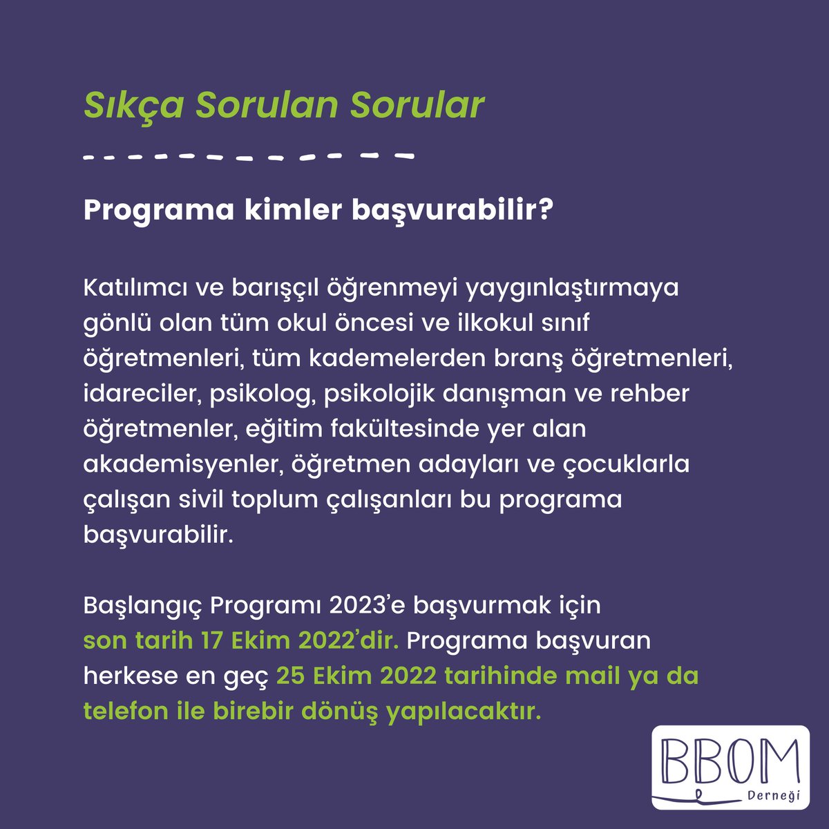 Başlangıç Programı 2023’ye dair en sık gelen soruları cevaplarıyla beraber bir araya getirdik. Daha fazla sorunuz olursa bize bbomok@baskabirokulmumkun.net adresinden ulaşabilirsiniz. #bbomöğretmenköyü #BaşlangıçProgramı2023 #başkabirokulmümkün