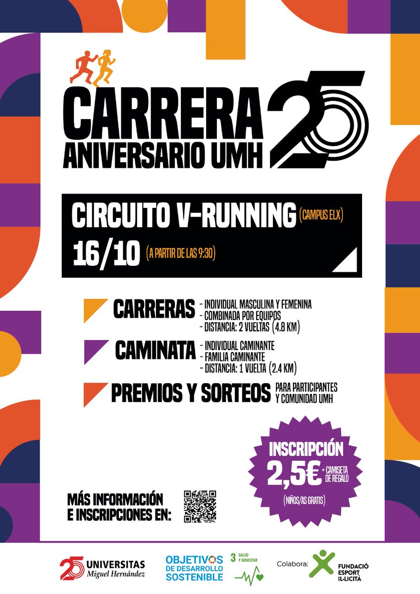 🔊🔊El próximo *16 de octubre* tendrá lugar la 🏃🏽🏃🏻‍♀️_CARRERA 25 ANIVERSARIO UMH 2022_🏃‍♀️🏃‍♂️

¡¡¡No dudes en inscribirte!!! 

🔴Inscripciones: cronorunner.com/evento.php?ref…🔴
