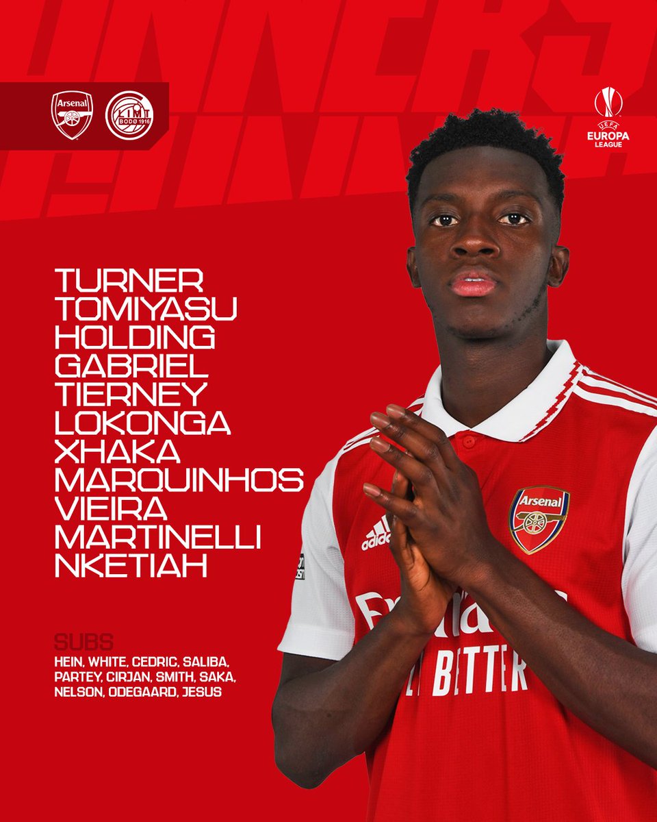 ⚡️TEAM NEWS⚡️

🏴󠁧󠁢󠁥󠁮󠁧󠁿 Holding at the back
🇧🇪 Lokonga holds the midfield
🏴󠁧󠁢󠁥󠁮󠁧󠁿 Nketiah leads the attacking line

📻 Follow the game LIVE 👉 Arsenal.com