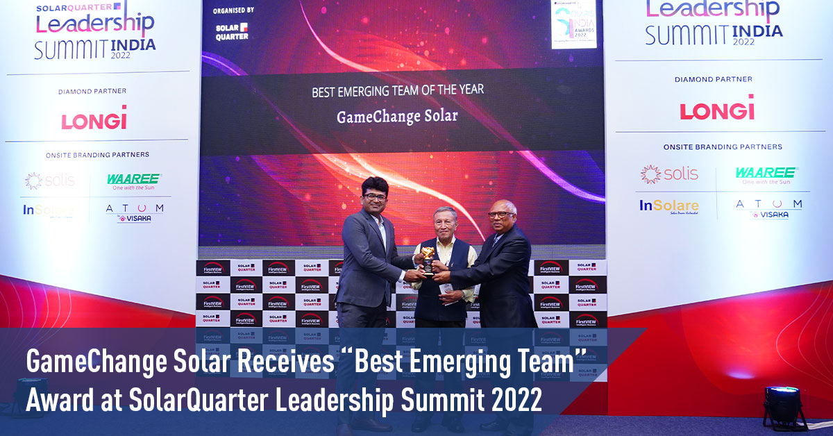 gamechangesolar's tweet photo. GameChange Solar receives “Best Emerging Team” Award at SolarQuarter Leadership Summit 2022 - https://t.co/PX12IheuEh https://t.co/jvySJK9MPB