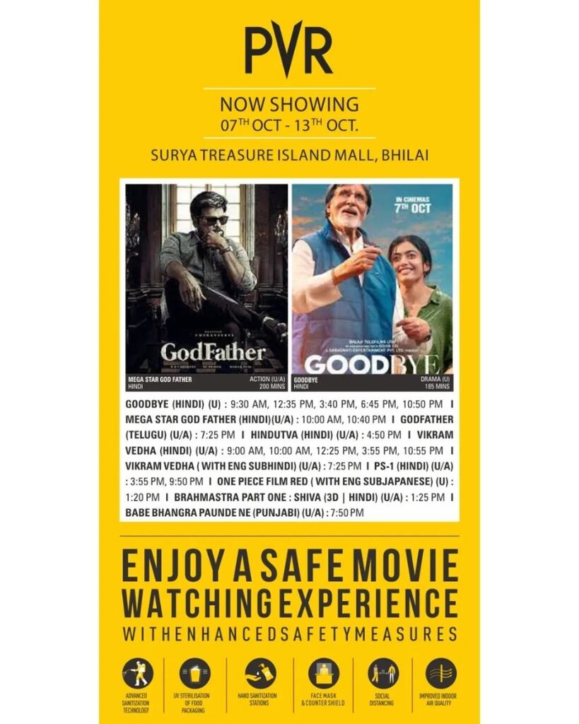 SuryaTIMall's tweet photo. Khushiyaan, pyaar aur family ka saath is all we need! ❤️
#Goodbye family and #godfather coming to cinemas tomorrow 🤩 

Book your tickets now at PVR for 7th October at only ₹150/- #GoodbyeOnOct7

#amitabhbachchan #rashmikamandanna #goodbyemovie #godfa… https://t.co/au2i8syWdU https://t.co/D7IeQd9rUX