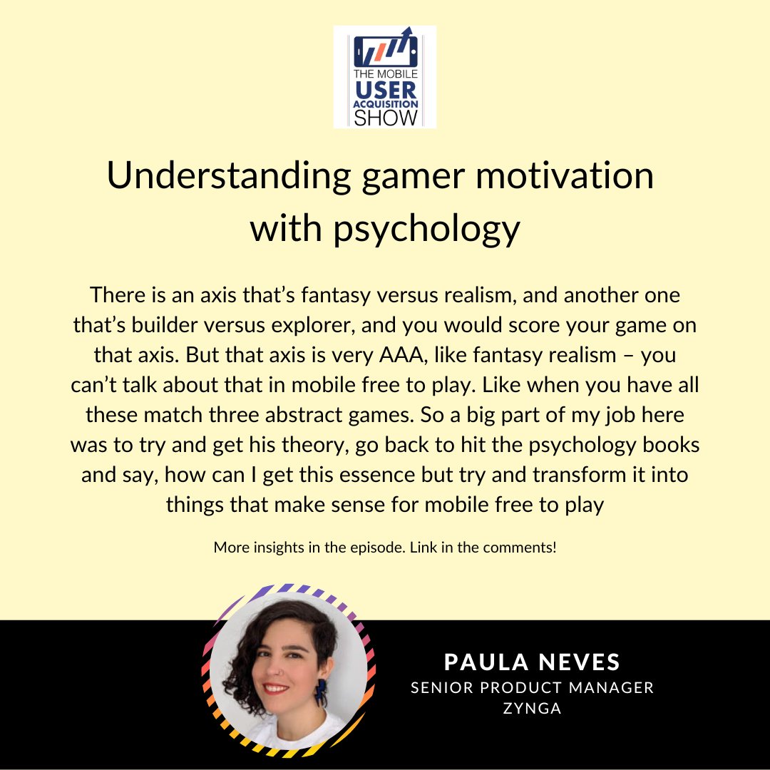 A lot of ground has already been covered in gamer psychology, but it doesn’t always apply across the board.

<a href="/pauladneves/">Paula Neves ⚡️🌈</a> of <a href="/Zynga/">Zynga</a> tells us how she went through frameworks to understand how they were built, and then applied them to mobile games.

More: mobileuseracquisitionshow.com/episode/make-s…