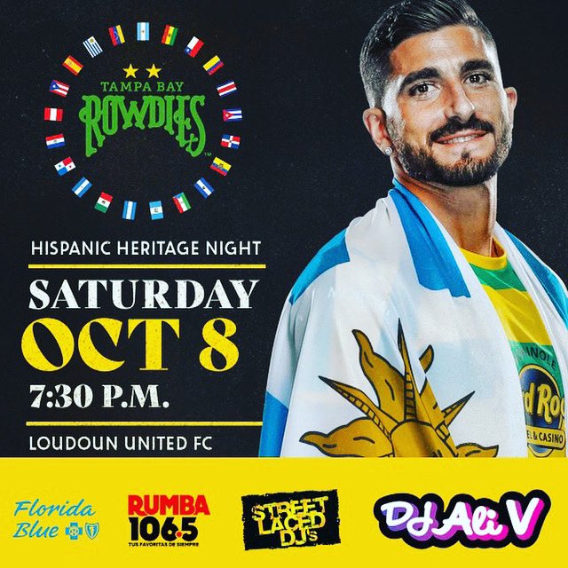 Sea cual sea nuestro procedencia, todos somos @tampabayrowdies!
Celebrate #HispanicHeritageNight with us at Al Lang this Saturday Night🔰 before the match vs. @loudoununitedfc!
#StreetLacedDJs own DJ Ali V on the pre-game party mix w/our friends from @Rumba1065 from 5:30p-7:30p!