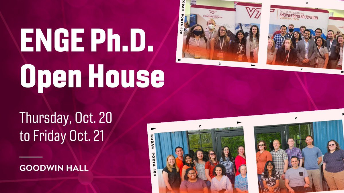 Come visit us at our Ph.D. Open House in 2 weeks! Meet with our current graduate students, discuss research areas with our faculty and explore beautiful Blacksburg. 🧡🦃

Learn what being a #Hokie is all about! Register for in-person or virtual open house:
enge.vt.edu/graduateprogra…