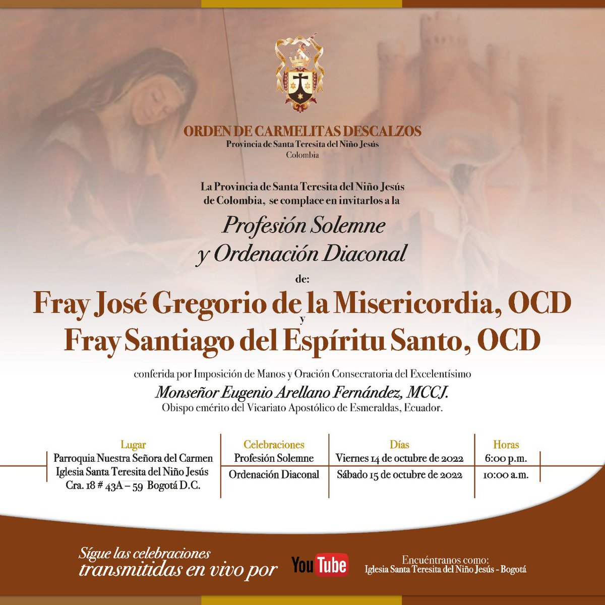 descalzoscol's tweet photo. El Carmelo Descalzo se alegra por la vida y vocación de fray José Gregorio Escalante y fray Santiago Marulanda, quienes se consagrarán definitivamente al Señor en esta familia de Santa Teresa de Jesús,  realizando la Profesión Solemne y la Ordenación Diaconal. https://t.co/4j7qbpmp4F