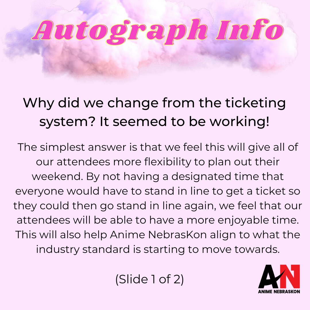 animenebraskon's tweet photo. Here is our most requested information on getting autographs from guests! 

Alt text has been added to each slide for accessibility needs. 

#GetHype2022 #AnimeNebrasKon #PackTheMAC #Convention #Anime #Guests

1 of 2 (4 slides in total) https://t.co/ZYF5a4VtK5