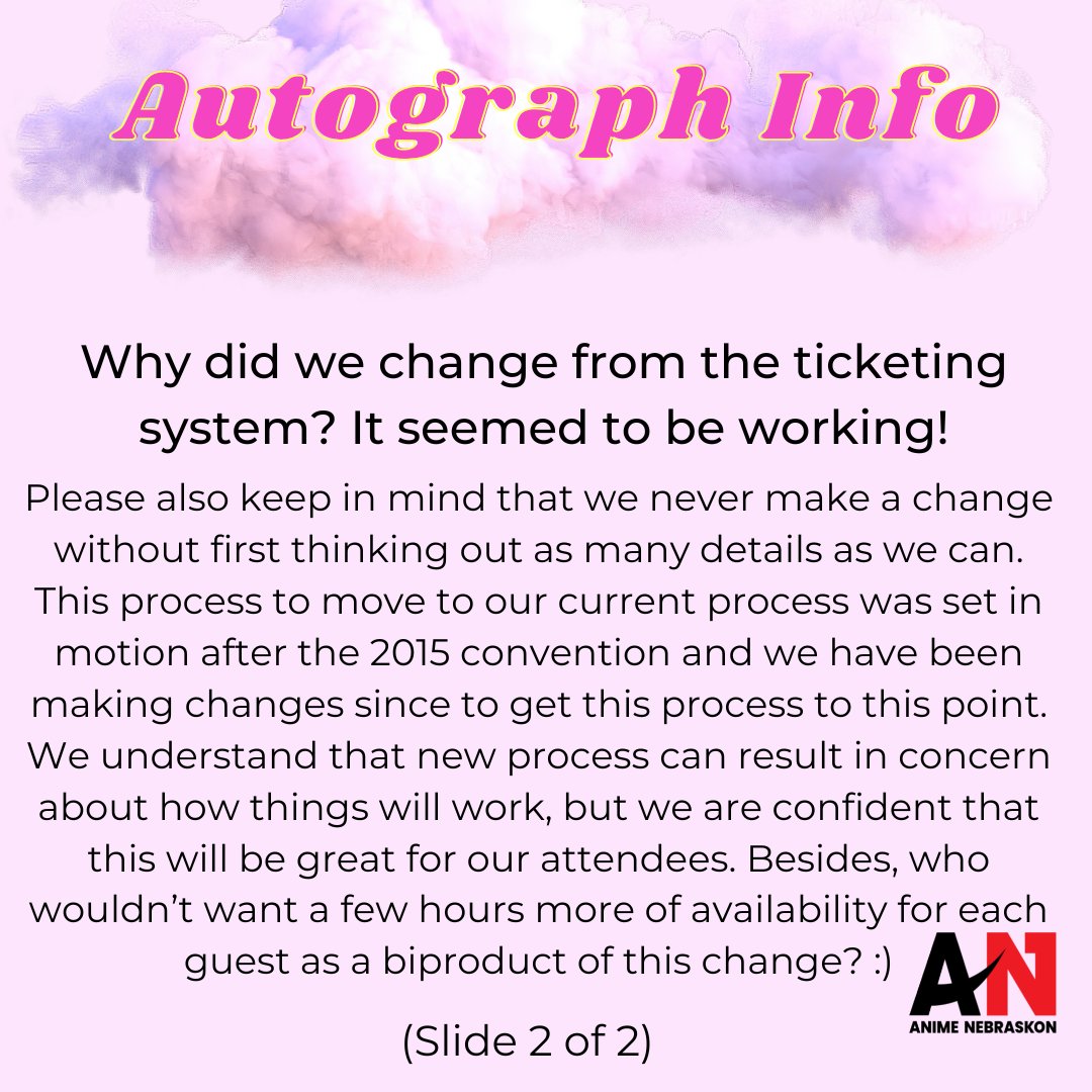 animenebraskon's tweet photo. Here is our most requested information on getting autographs from guests! 

Alt text has been added to each slide for accessibility needs. 

#GetHype2022 #AnimeNebrasKon #PackTheMAC #Convention #Anime #Guests

1 of 2 (4 slides in total) https://t.co/ZYF5a4VtK5