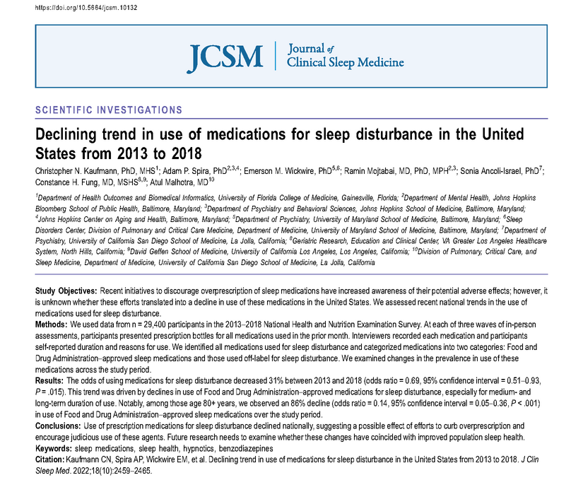 Study in JCSM found a decline in use of #medications for sleep disturbance between 2015 and 2018, with particularly decreasing trends in older adults. Findings suggest a possible shift in the ways #sleep disturbance is treated. bit.ly/3SHxken #sleephealth #hypnotics