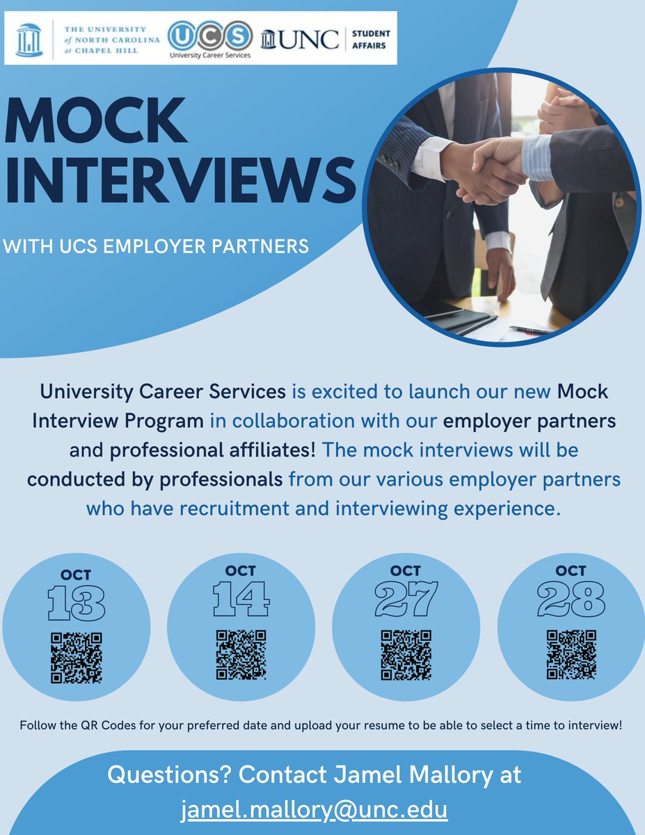 Feeling nervous about interviewing for a summer internship or full-time job? Practice your interviewing skills with UCS employer partners during these scheduled Mock Interviews. 

Register today using the QR codes on the flyer! #interview #UNC #Careers #jobsearch