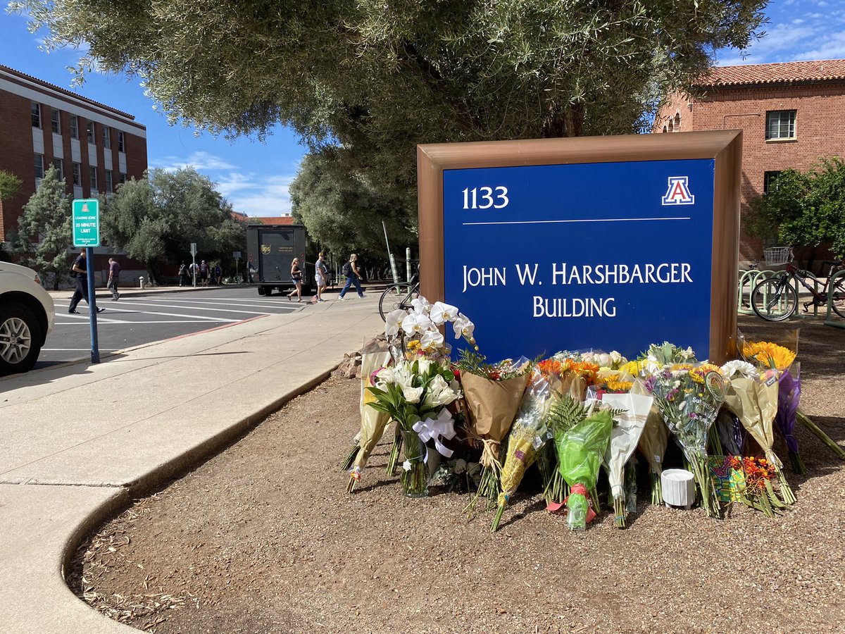 On University of Arizona campus today after the shooting yesterday. One professor killed here at the Harshbarger Building. Many students and professors heartbroken. More to come at 4 and 5pm <a href="/kgun9/">KGUN 9</a>