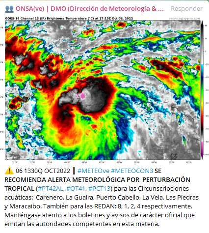 AdsbYv's tweet photo. ⚠️ 06 1330Q OCT2022 ║ #METEOve #METEOCON3 SE RECOMIENDA ALERTA METEOROLÓGICA POR PERTURBACIÓN TROPICAL (#PT42AL, #OT41, #PCT13) Dirección de Meteorología & Oceanografía de ONSA Venezuela (@onsavenezuela) https://t.co/LkS5jaefbr