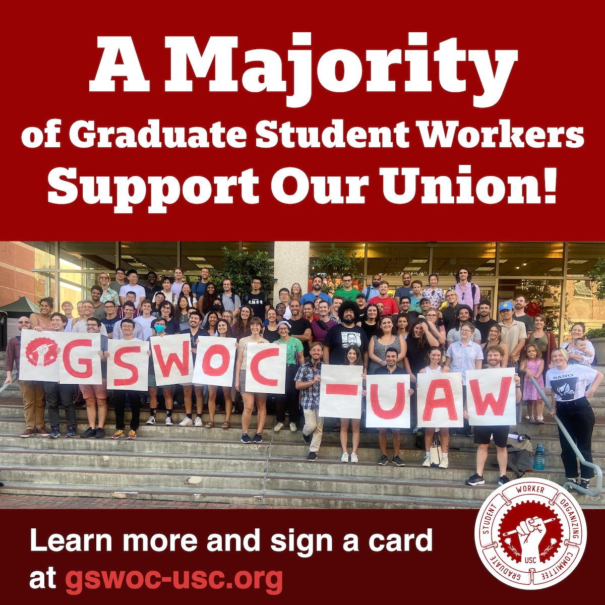 gswocusc's tweet image. Major Milestone!! A majority of Graduate Student Workers support forming our union, Grad Student Worker Organizing Committee-UAW!