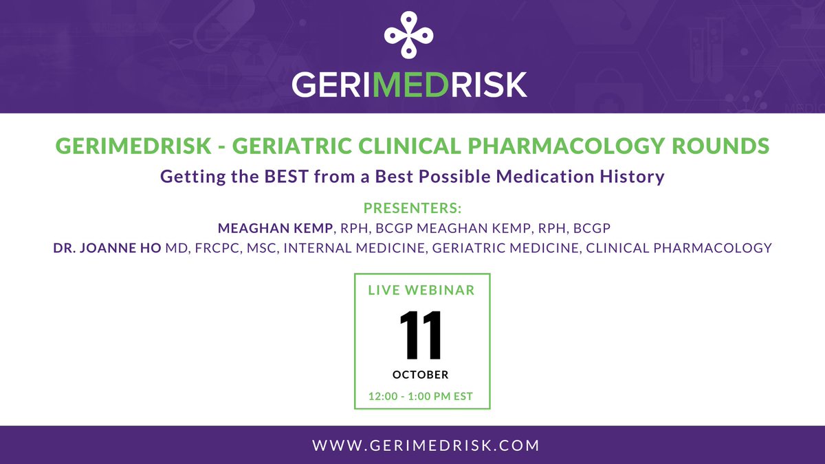 Join us on October 11 at 12 PM for #GeriMedRisk Rounds! Dr. Joanne Ho and Meaghan Kemp, RPh will present 'Getting the BEST from a Best Possible Medication History'.  Register and learn more at: gerimedrisk.com/Rounds.htm #Meded #Medtwitter #geriatrics #education
