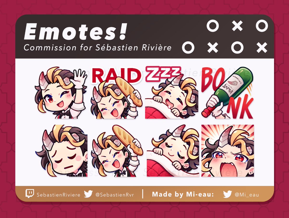 Mi_eau's tweet photo. Set of emotes made some time ago for @/SebastienRvr, the bartender Vtuber! (Seen here bonking people with wine and baguette🍷🥖) #sebARTien https://t.co/NcKLkn4d4U