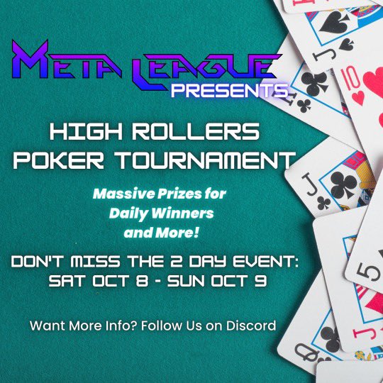 MetaLeague's tweet image. It’s time to crank it up Metaleague 

Swing by the discord this weekend for a TWO DAY POKER TOURNAMENT 🔥 
#NFTs #PokerNight